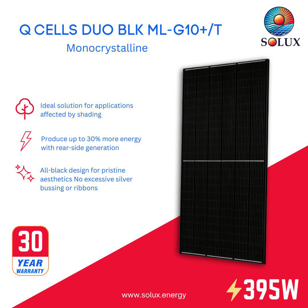 This is an image of QCells 395W Solar Panel 132 Half-Cell Black on Translucent Solar Panel